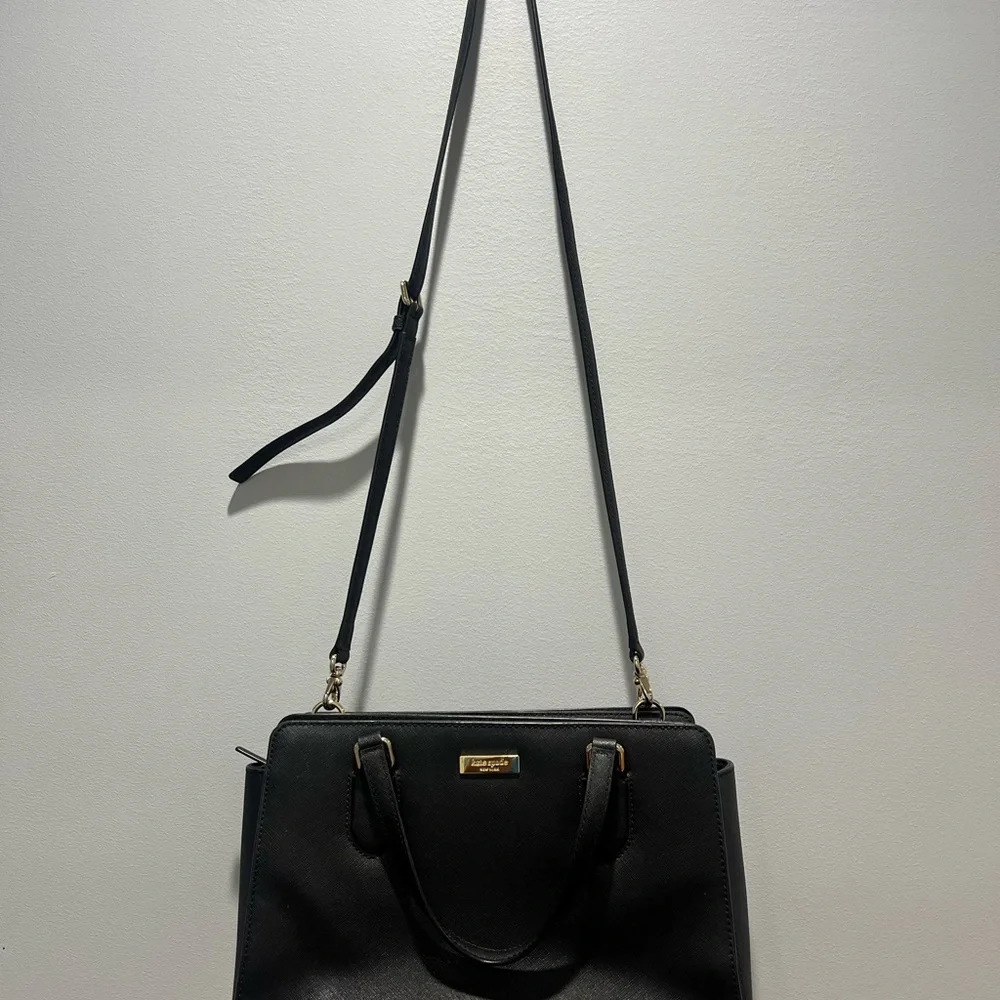 KATE SPADE Saffiano Black Leather Medium Square Tote Bag Purse/Crossbody‎